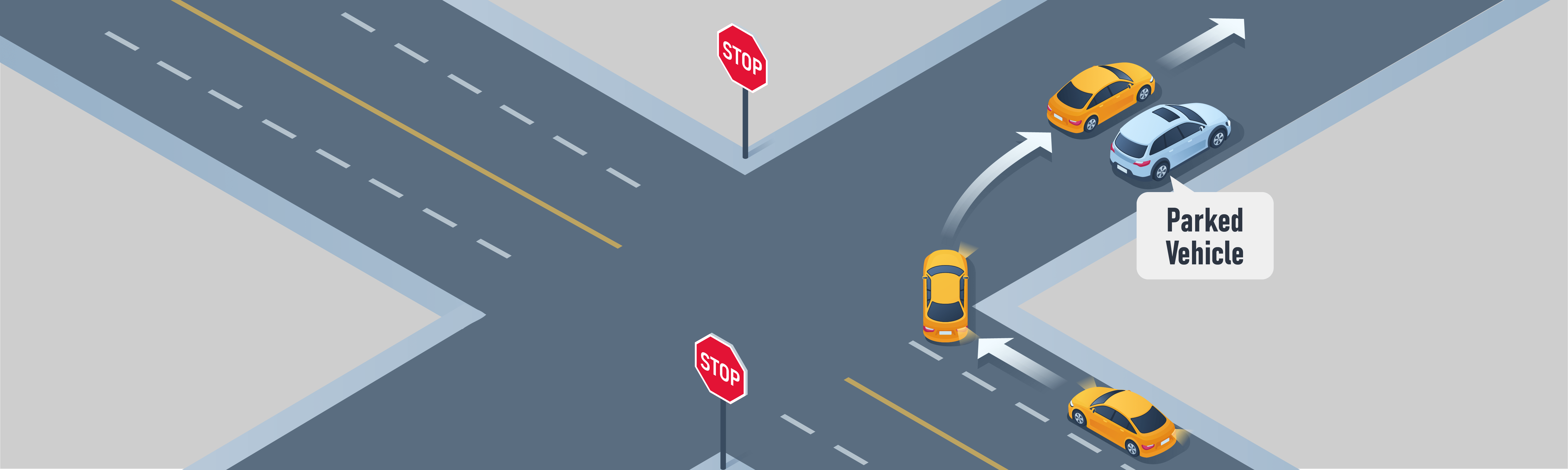 Driving Test Canada - Car Changing directions - How should you make a turn if a parked vehicle or obstruction is close to the corner in the lane you are moving into?